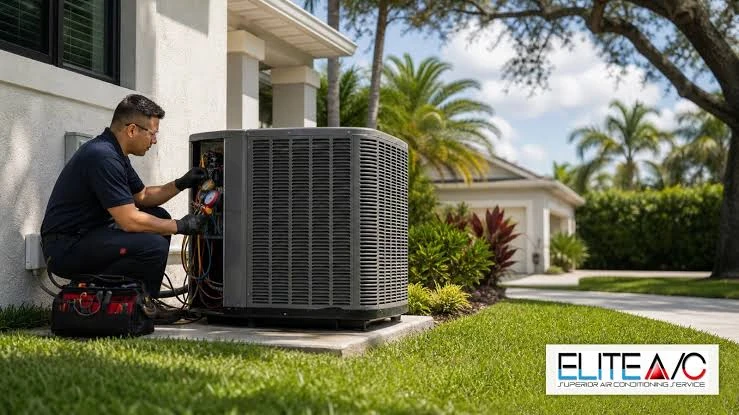Technician servicing an outdoor air conditioner beside a landscaped home