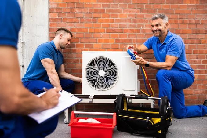 Technicians discussing an outdoor cooling unit during a residential service visit